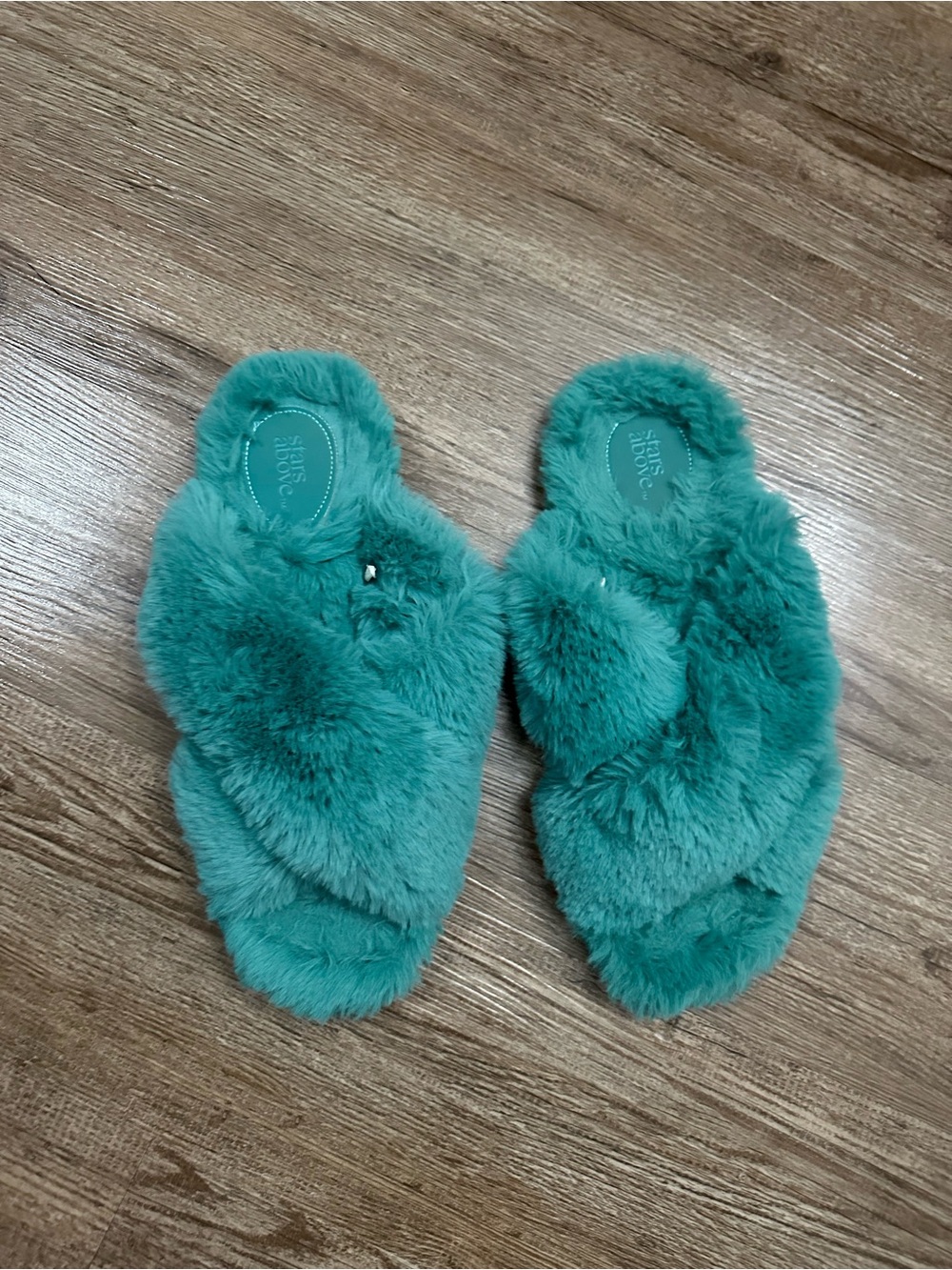 stars above Plush Crisscross Fuzzy Slide Slippers in Teal